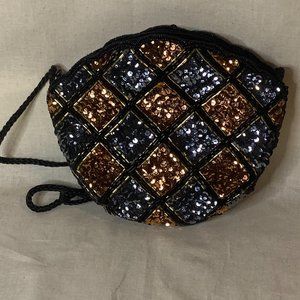 VTG 1980's Sequined Black Purse with Gold and Gray Sequin